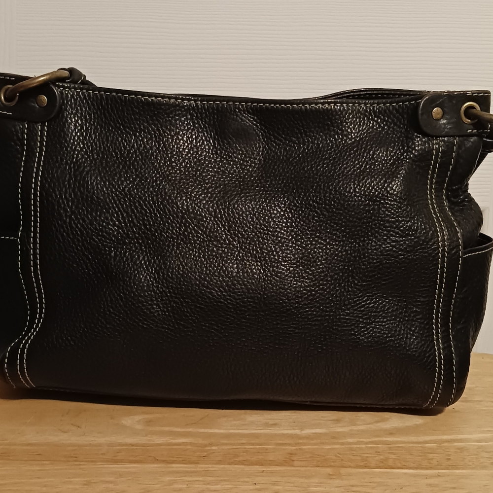 Fossil Vintage Black Pebbled Leather Shoulder Bag 75082 Key Charm Snap Closure - Picture 5 of 12